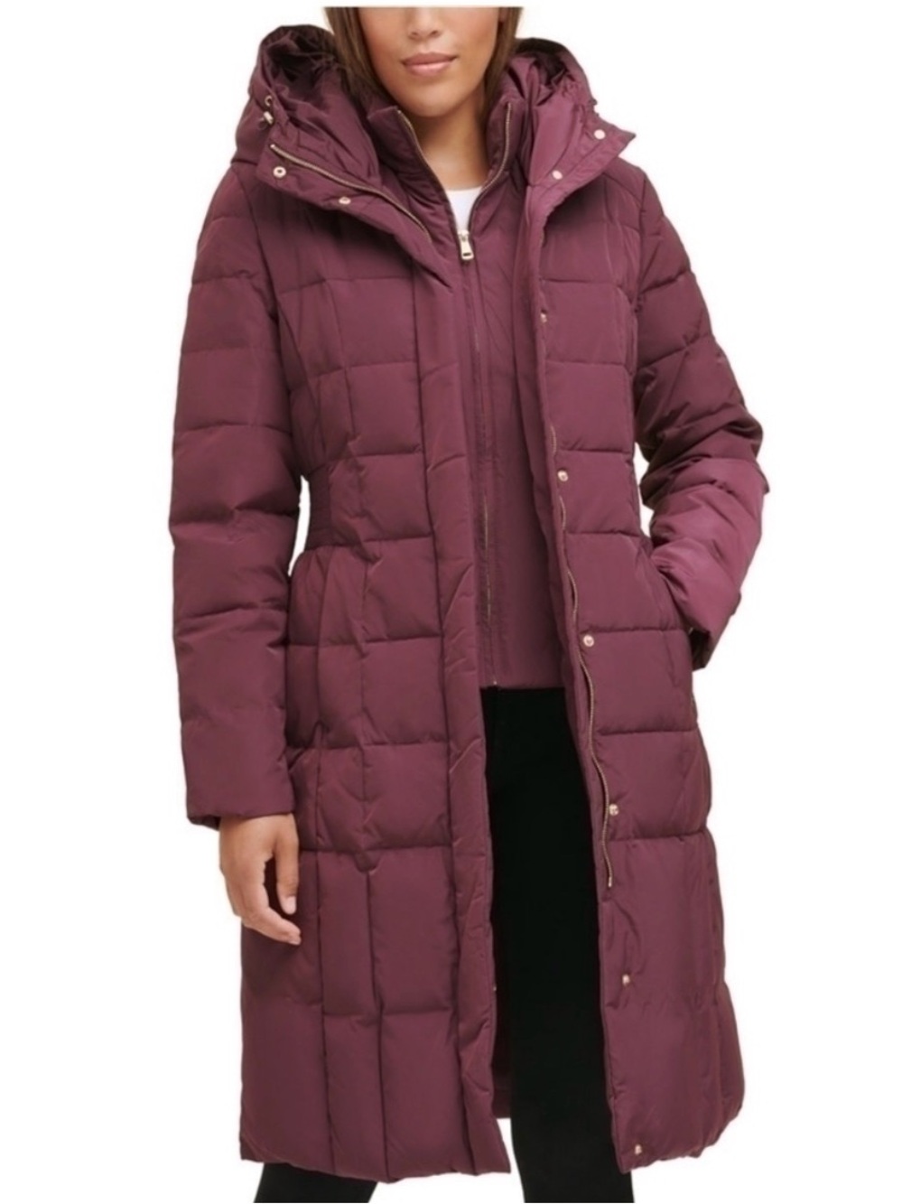 Cole Haan Women’s Box-Quilted Down Puffer Hooded Coat In Merlot Size S